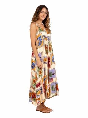Paper Heart Tropical Post Card Print Linen Blend Maxi Dress. Size Small.